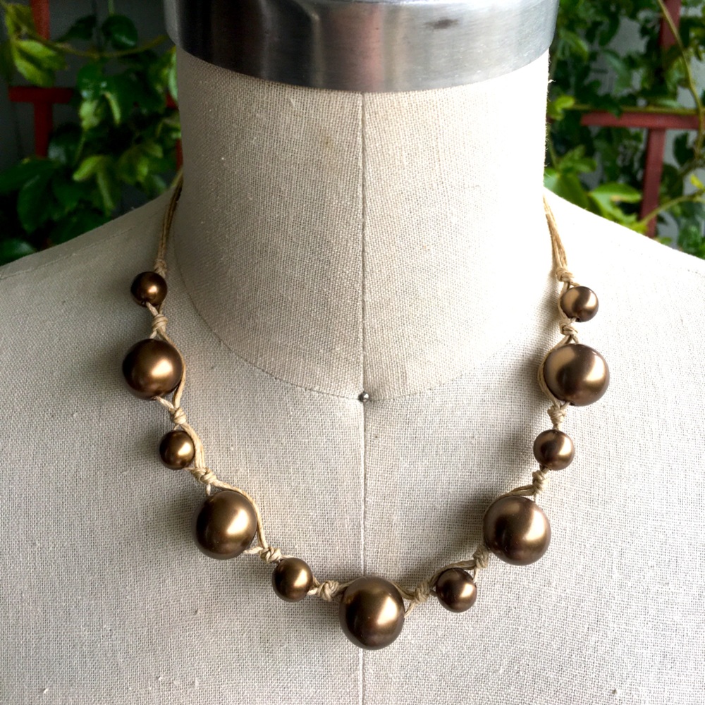 Faux Pearl and Natural Rope Necklace.